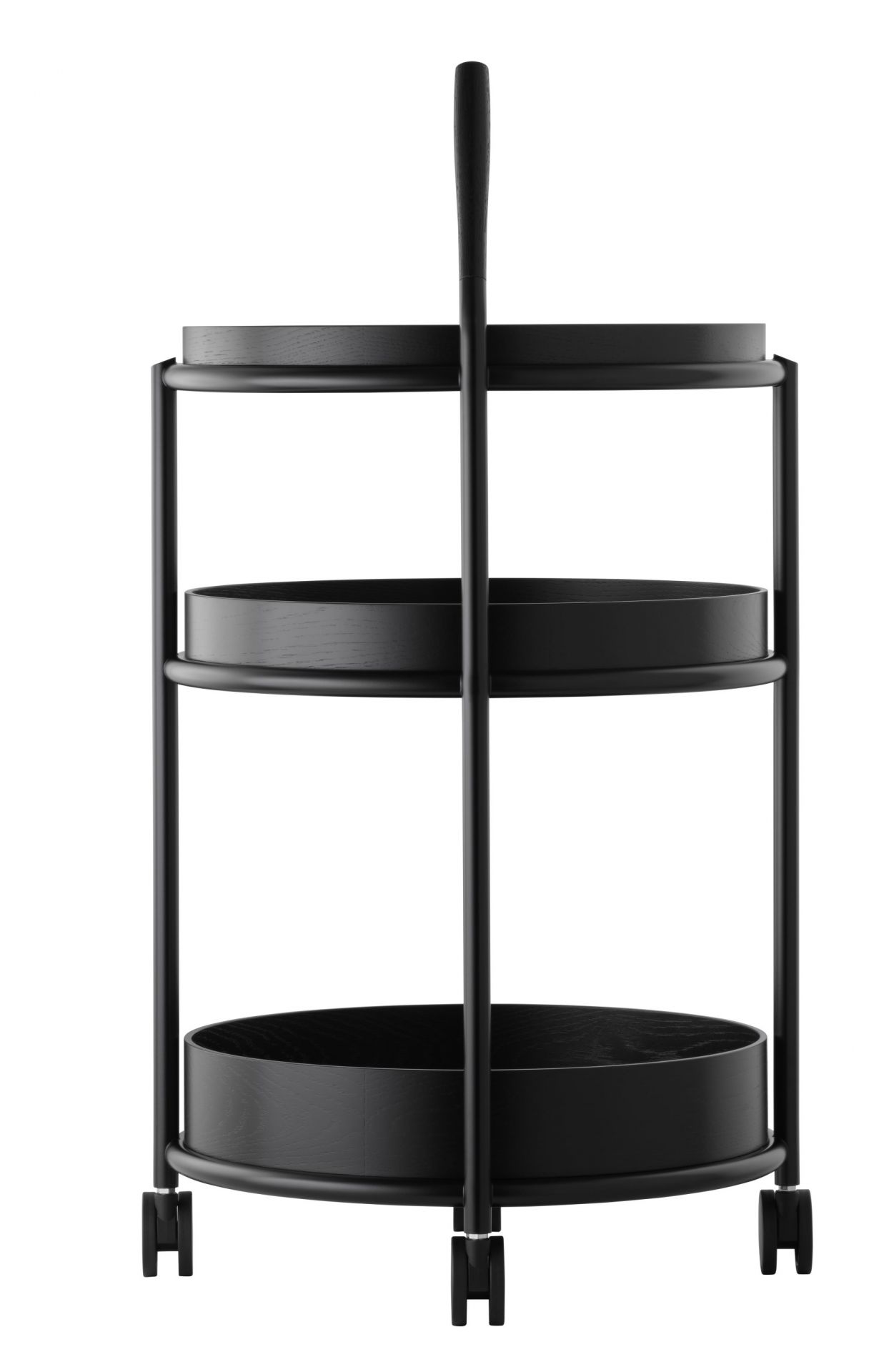 Schwarzer K6 Servierwagen von Tecta mit drei runden Ablagen und Rollen. Moderner Trolley für Wohnen und Büro.