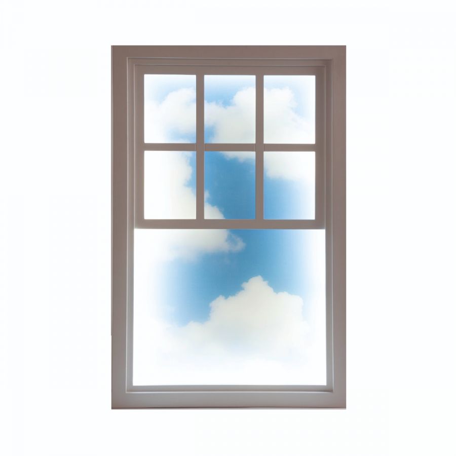 Loft Window Leuchte von Seletti: Fensterlampe mit Blick auf blauen Himmel und Wolken.