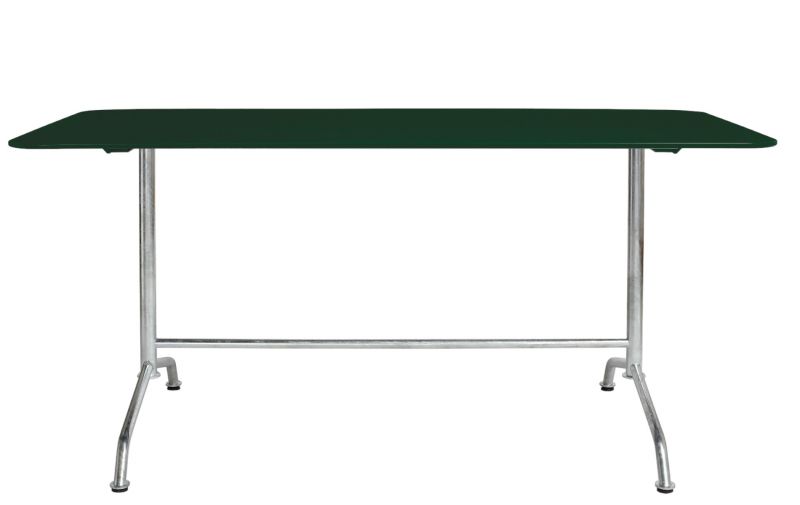 Haefeli Esstisch von Embru für den Außenbereich, grüne Tischplatte und silbernes Metallgestell.