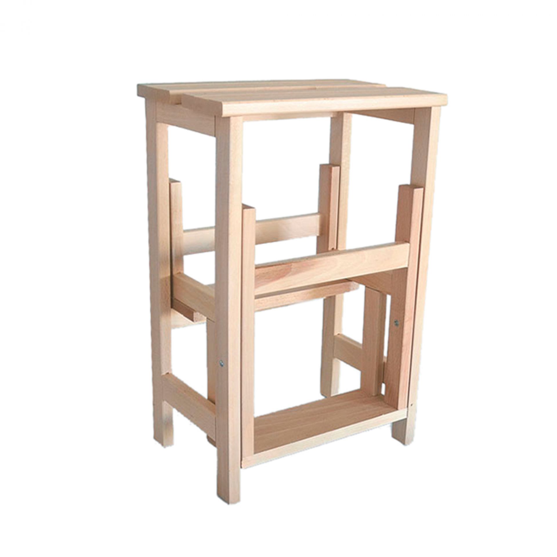 Naturbelassene Stool Ladder Hockerleiter aus Buchenholz, vielseitig einsetzbar als Tritthocker oder Sitzgelegenheit.