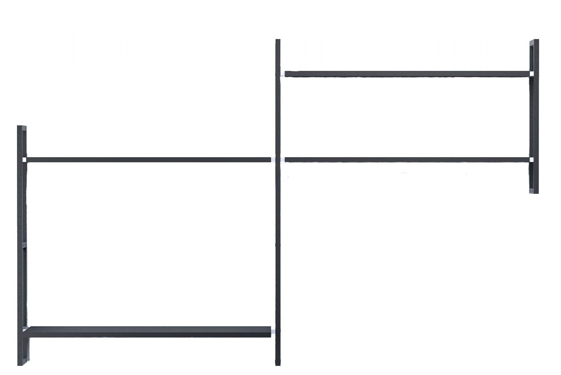 Schwarzes Wandregal Grundmodul E Oncono mit zwei Regalböden und minimalistischem Design für Wohnzimmer oder Büro.