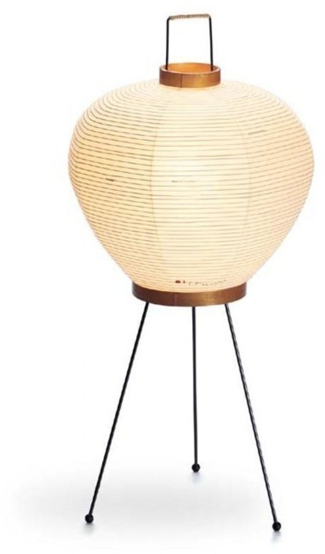 Akari Tischleuchte 3A von Vitra: Japanische Papierleuchte mit schwarzem Metallgestell und Griff.