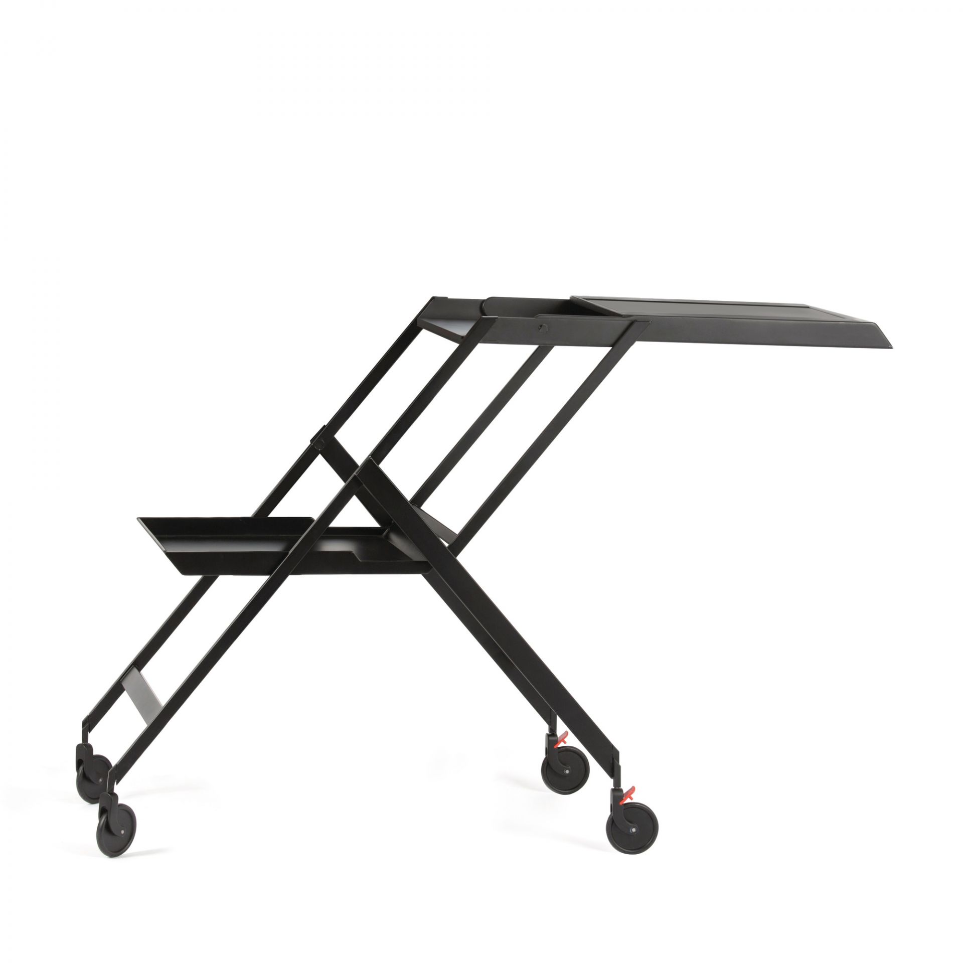 Schwarzer RS11 Servierwagen von Alessi mit zwei Ablageflächen und Rollen auf weißem Hintergrund.