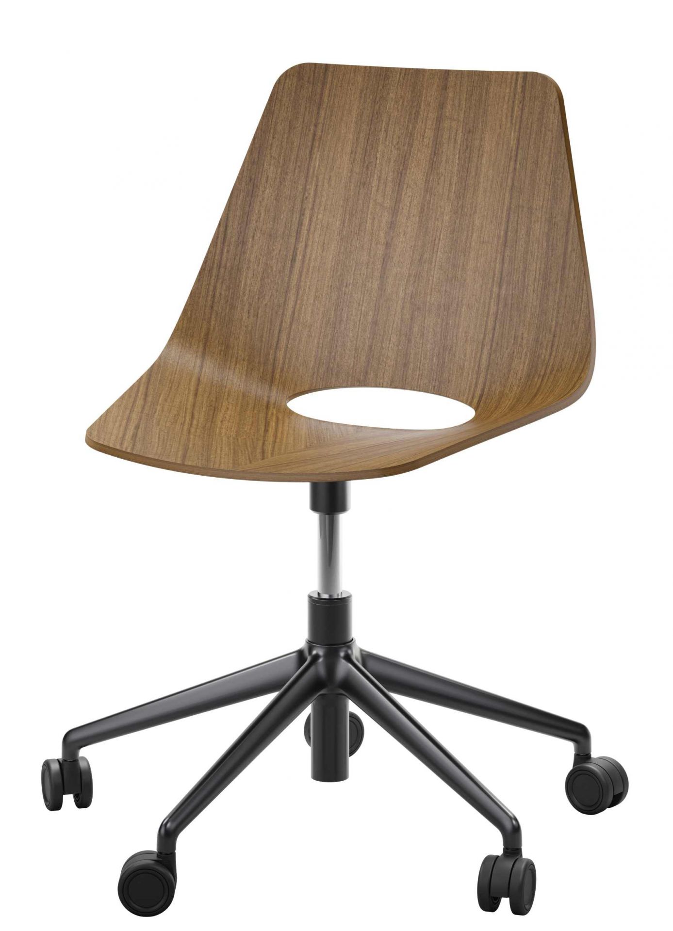 Thonet Drehstuhl S 661 DR mit Holzschale und schwarzem Fußkreuz mit Rollen.
