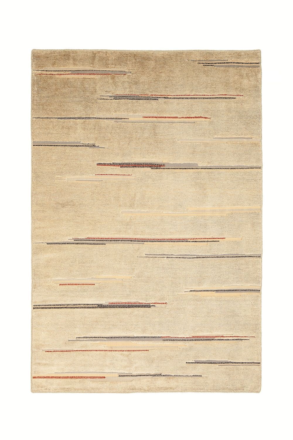 Colorado Teppich von Nanimarquina: Beige Wolle mit horizontalen Streifen in Grau, Rot und Gelb.