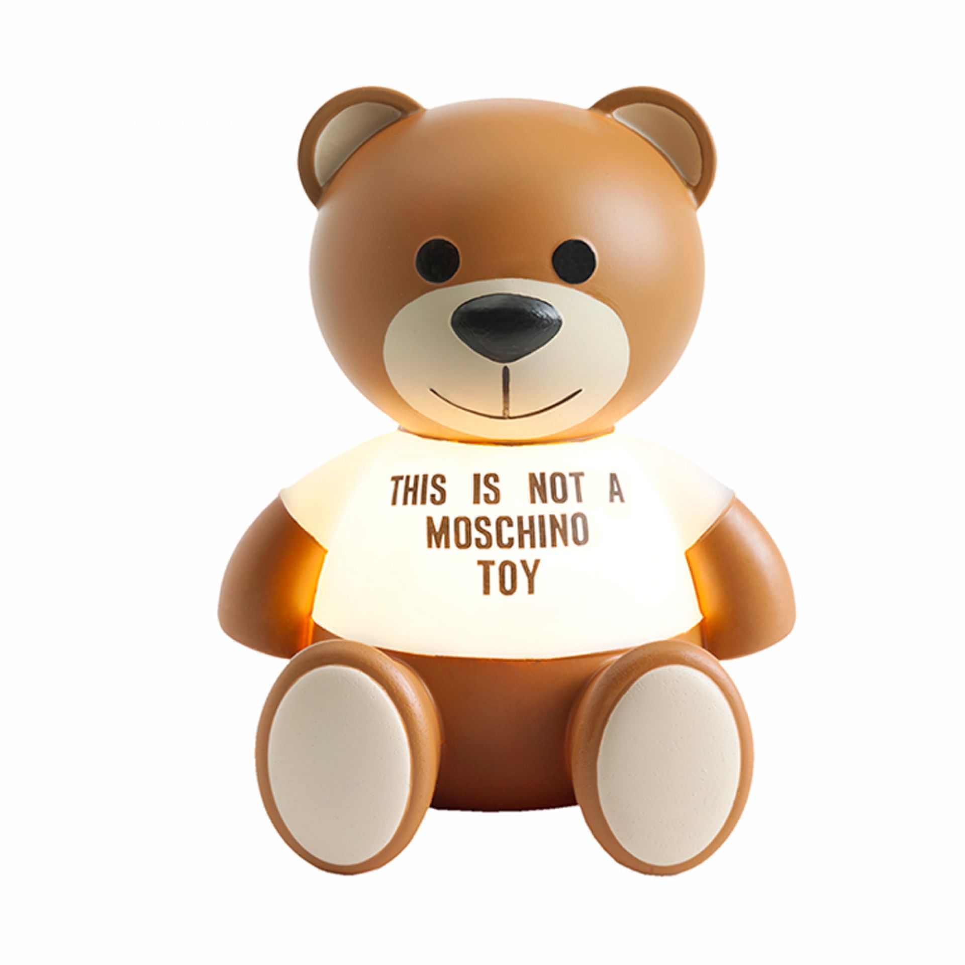 Kartell Toy Moschino Bär Tischleuchte: Brauner Teddybär mit leuchtendem T-Shirt, modernes Design für Kinderzimmer.