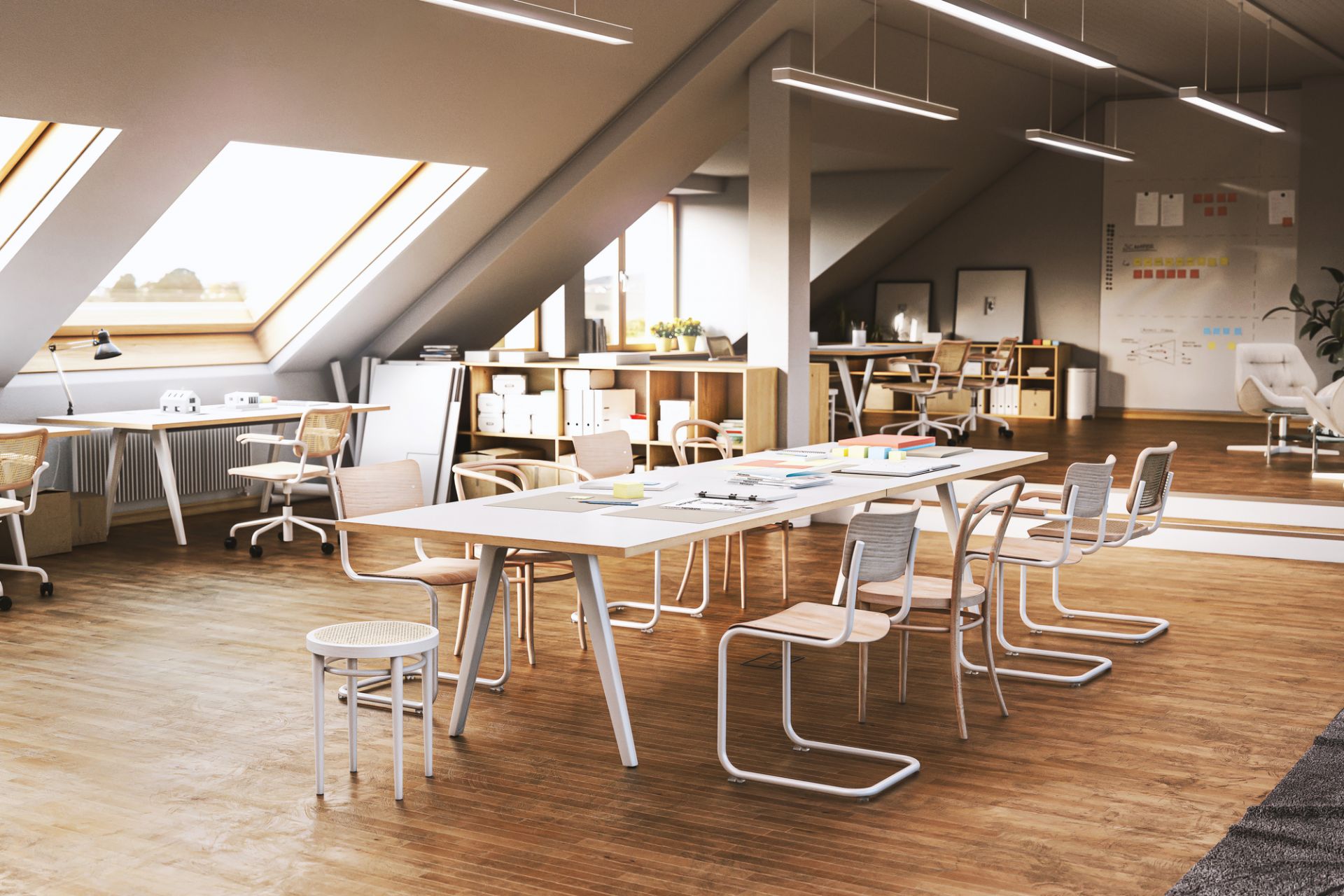 Büro mit Thonet S 43 Freischwinger Stühlen aus Stahlrohr und hellem Holz. Klassisches Design.