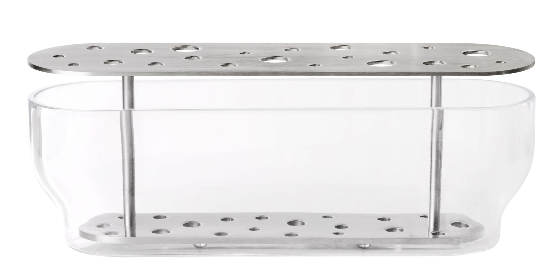 Ikebana Vase von Fritz Hansen, lange, transparente Glasvase mit Edelstahl-Einsatz für Blumenarrangements.