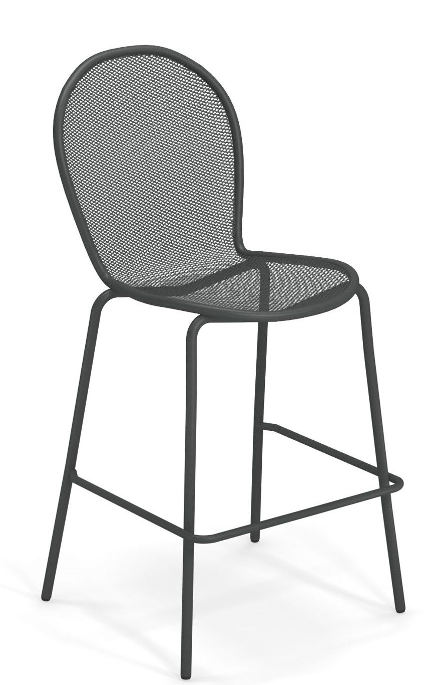Schwarzer Ronda Barstuhl von Emu mit Rückenlehne und Fußstütze aus Metallgeflecht, freigestellt.