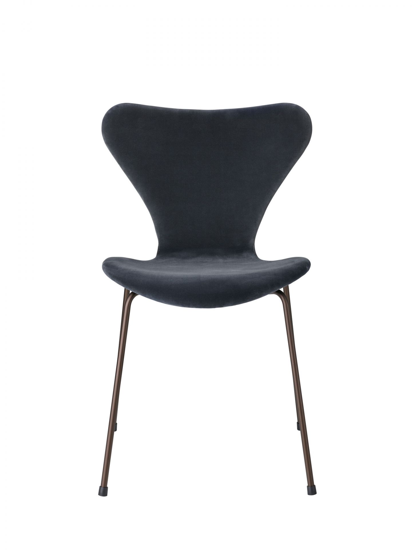 Series 7 Stuhl: Vollpolster Samt Stuhl von Fritz Hansen in Grau-Blau, Frontansicht.