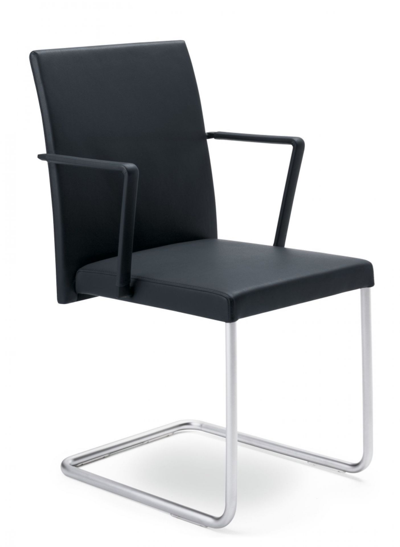 Schwarzer JASON 1901 Freischwinger Stuhl von Walter Knoll mit Armlehnen und silbernem Gestell.