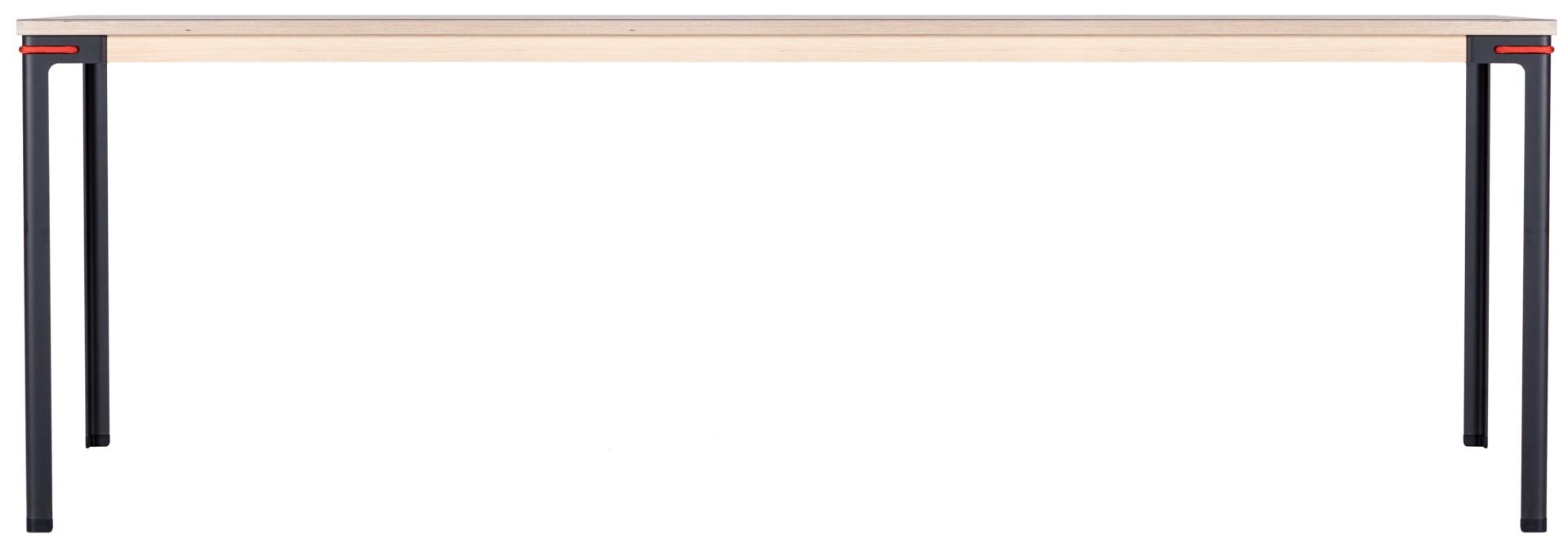 Seiltänzer Tisch von Moormann mit hellem Holz und schwarzen Beinen, verbunden durch rote Seile.