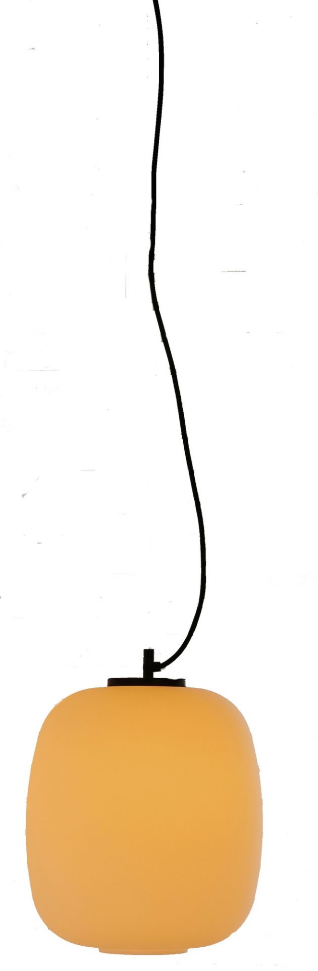 Globo Cesta Pendelleuchte von Santa & Cole, gelbe Hängelampe mit schwarzem Kabel.