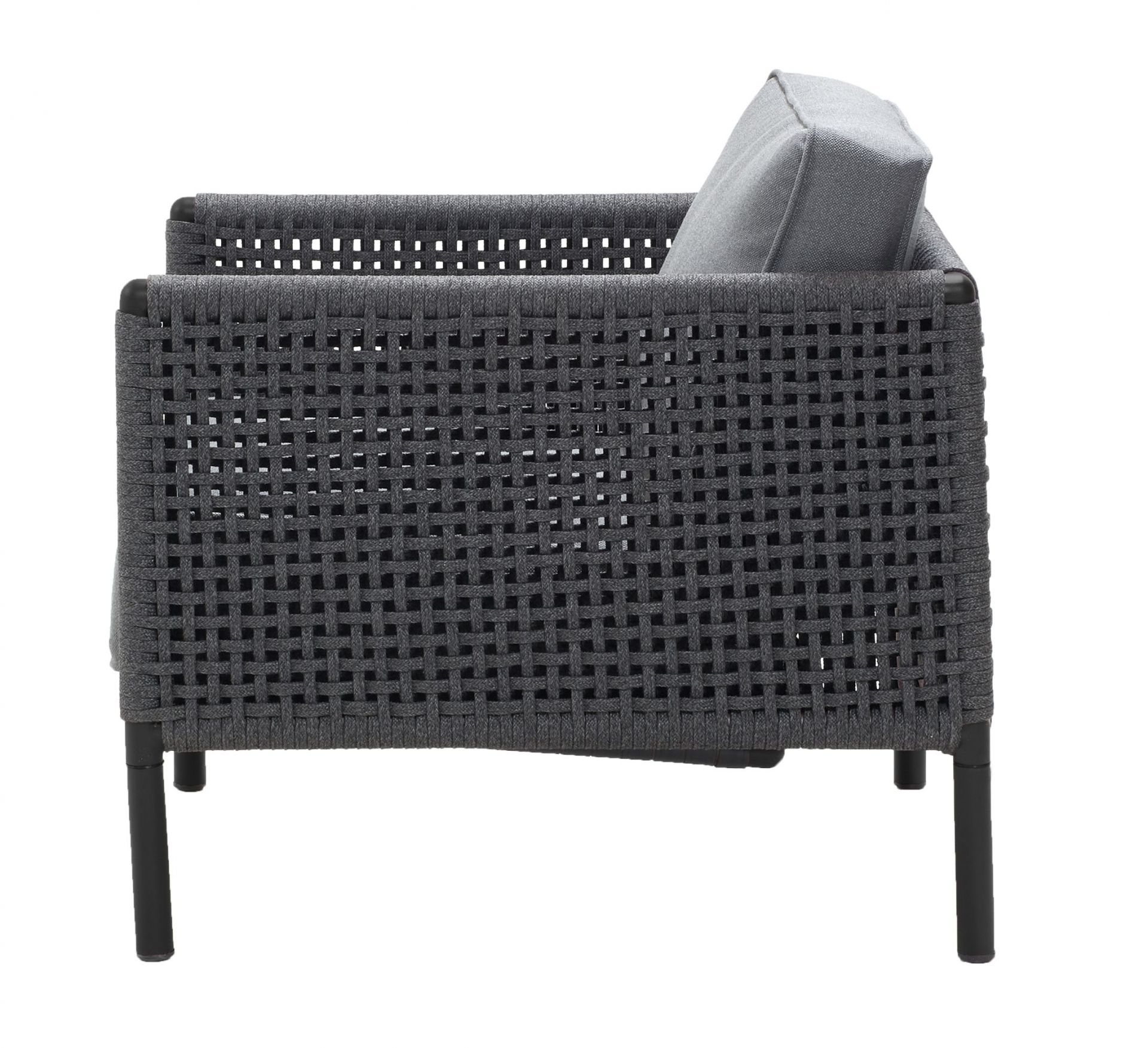 Encore Loungesessel von Cane-Line, graues Geflecht mit AirTouch Kissen, Outdoor-Möbel für Garten und Terrasse.