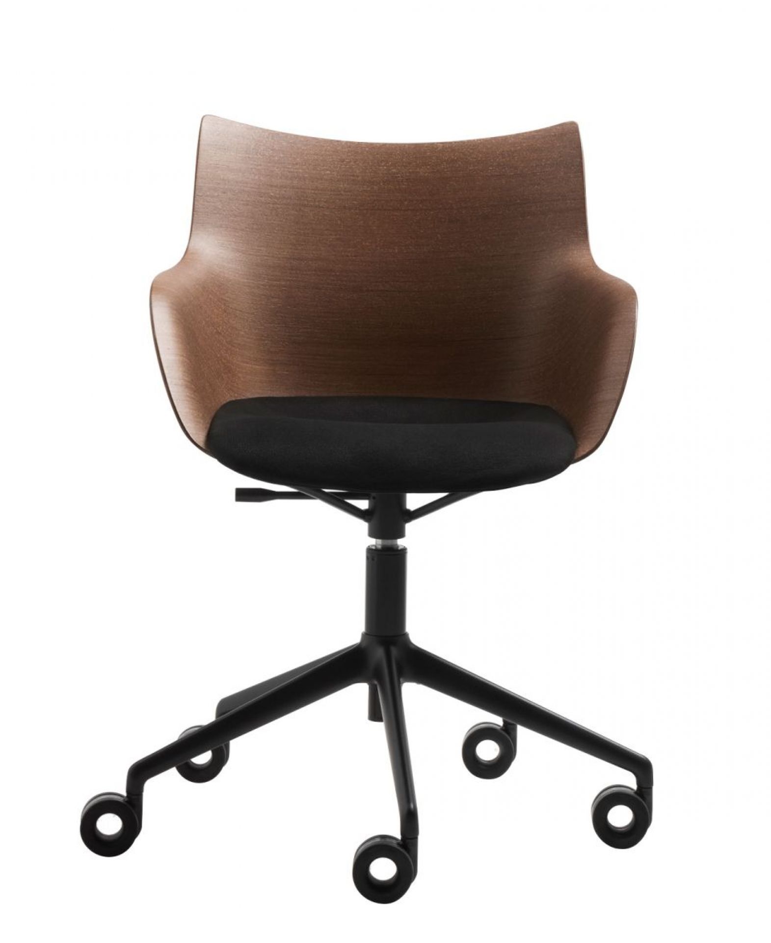 Q/Wood Soft Drehstuhl mit dunklem Holz, schwarzem Rahmen und Rollen. Bürostuhl für Arbeitszimmer.