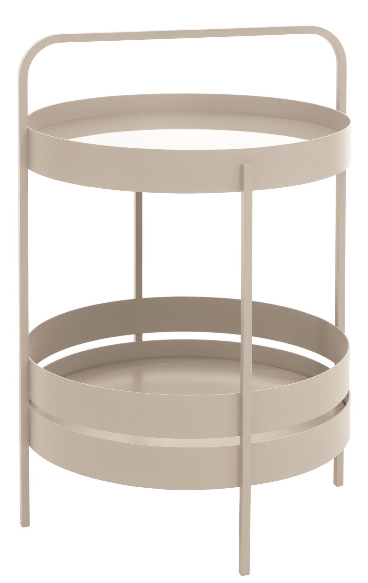 Albert Beistelltisch von Schönbuch, moderner runder Tisch mit zwei Ablageflächen und Griff, beige.