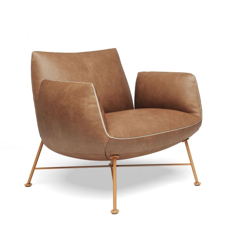 Jalis Clubsessel mit braunem Lederbezug und filigranem Drahtgestell für stilvolles Wohnen. Loungesessel für entspannte Stunden.