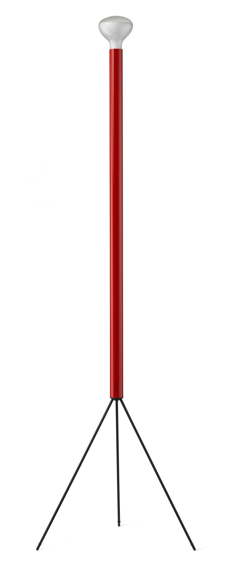 Rote Flos Luminator Stehleuchte mit schwarzem Stativ und weißem Lampenschirm für modernes Wohnen.