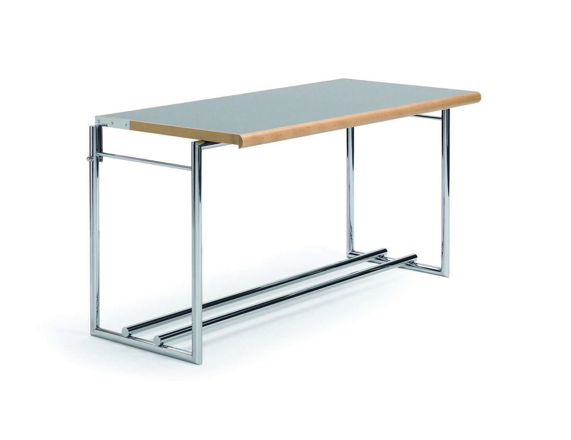 Menton Tisch von ClassiCon mit grauem Tischblatt und verchromtem Stahlgestell, modernes Design.