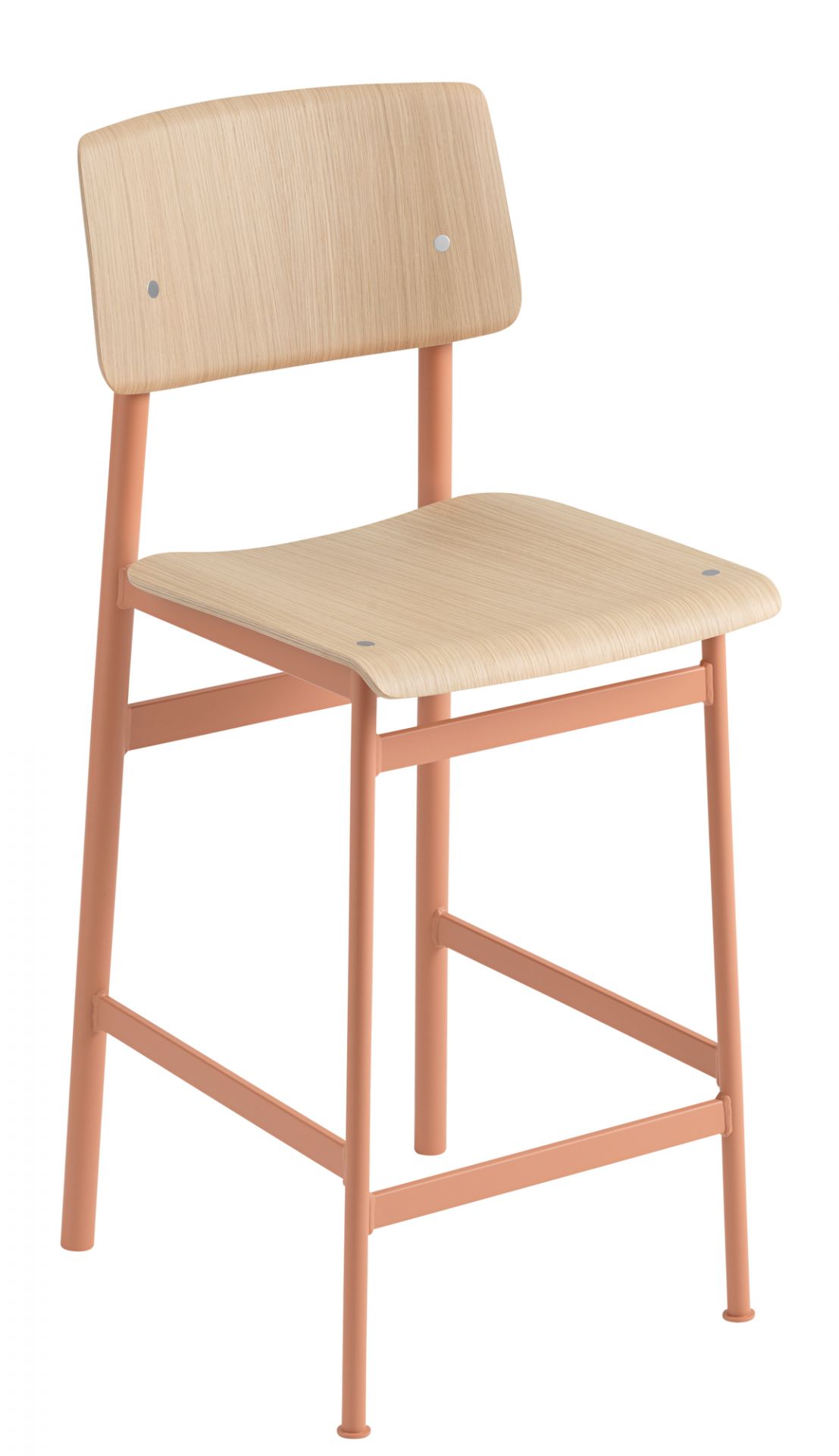 Loft Counter Stool Barhocker von Muuto, H 65 cm, Holz und farbiges Metallgestell.
