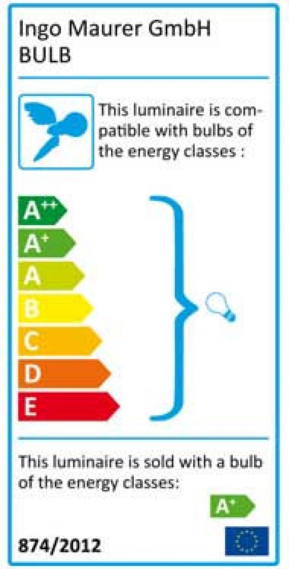 Energieeffizienzlabel der Ingo Maurer Bulb Tischleuchte mit Kompatibilitäts- und Verkaufsangaben zur Glühbirne.