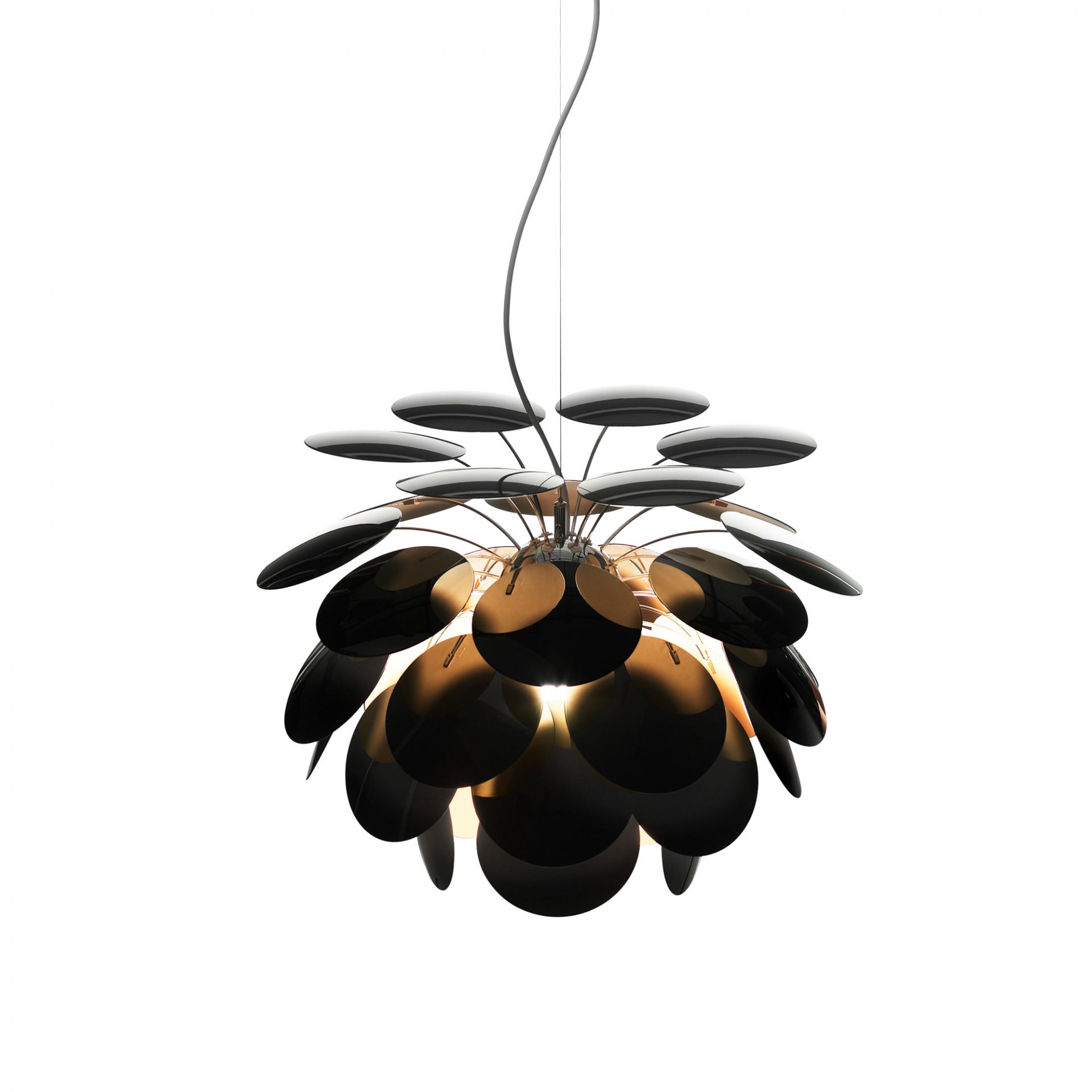 Discocó Pendelleuchte in Schwarz-Gold: Moderne Designerlampe mit runden Elementen für stilvolle Beleuchtung.