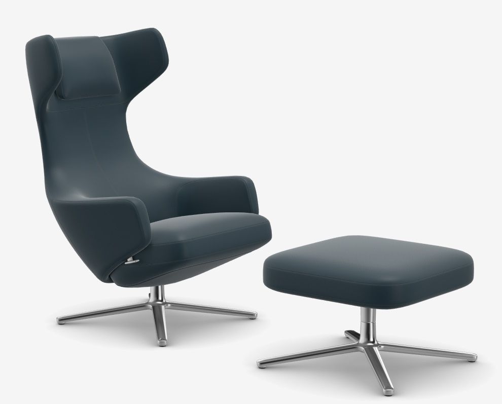Grand Repos Sessel mit Ottoman in Rauchblauem Leder und Kontrastnaht von Vitra.