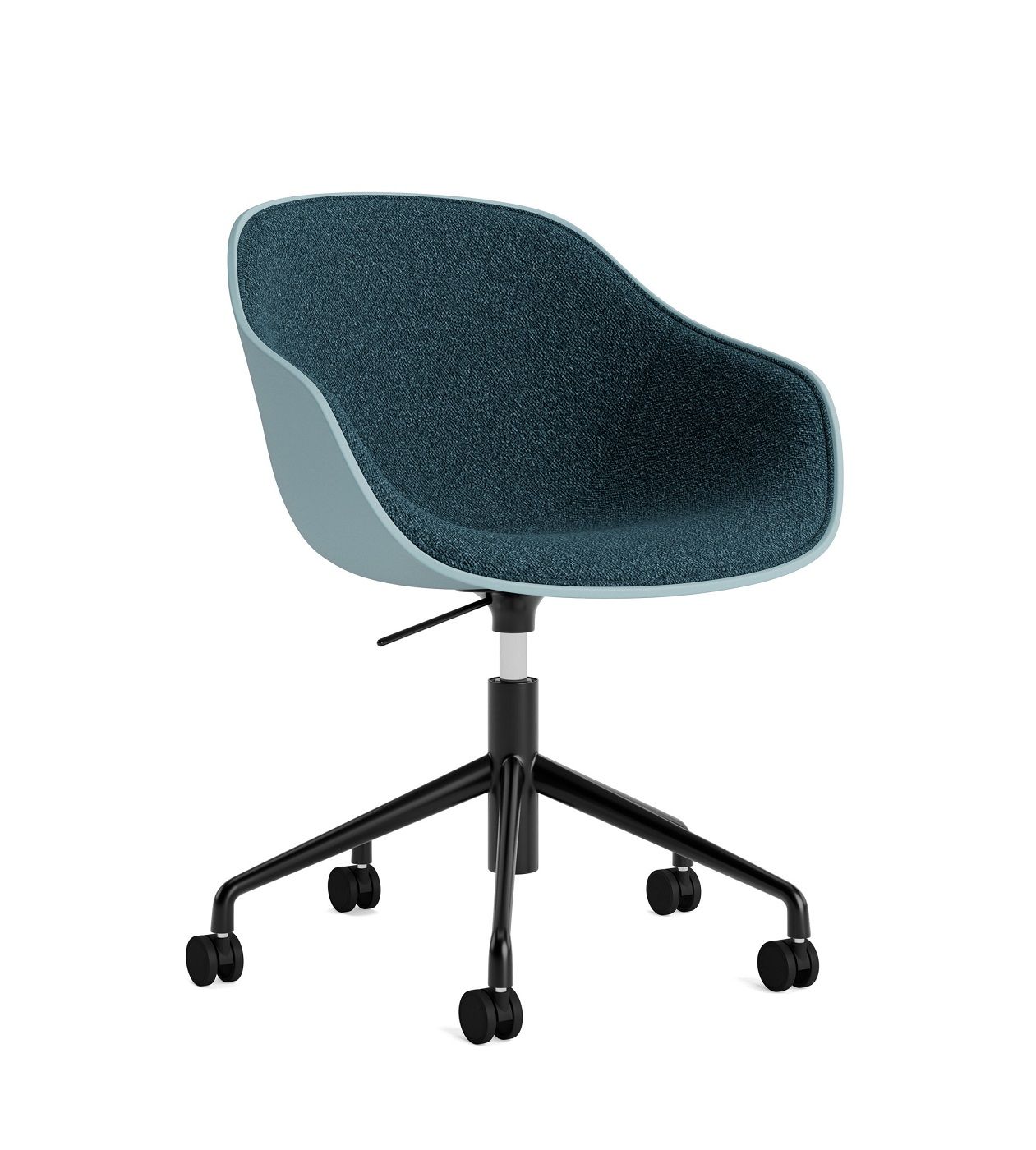 Blauer Hay AAC 252 Stuhl mit Armlehnen und schwarzem Drehfuß mit Rollen.