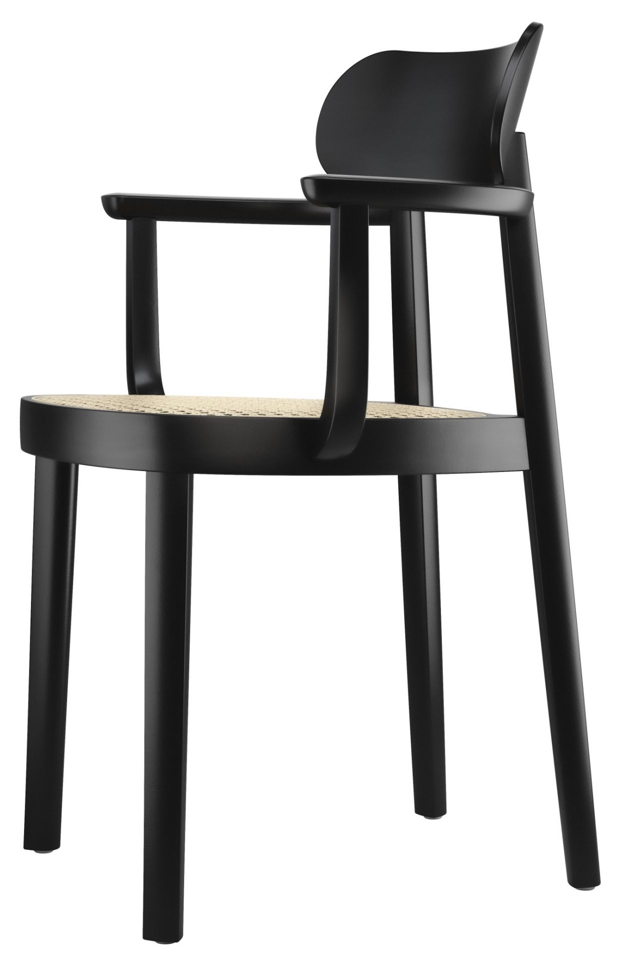 Schwarzer Holzstuhl mit Armlehnen und Wiener Geflecht, Modell 118F von Thonet, seitliche Ansicht.