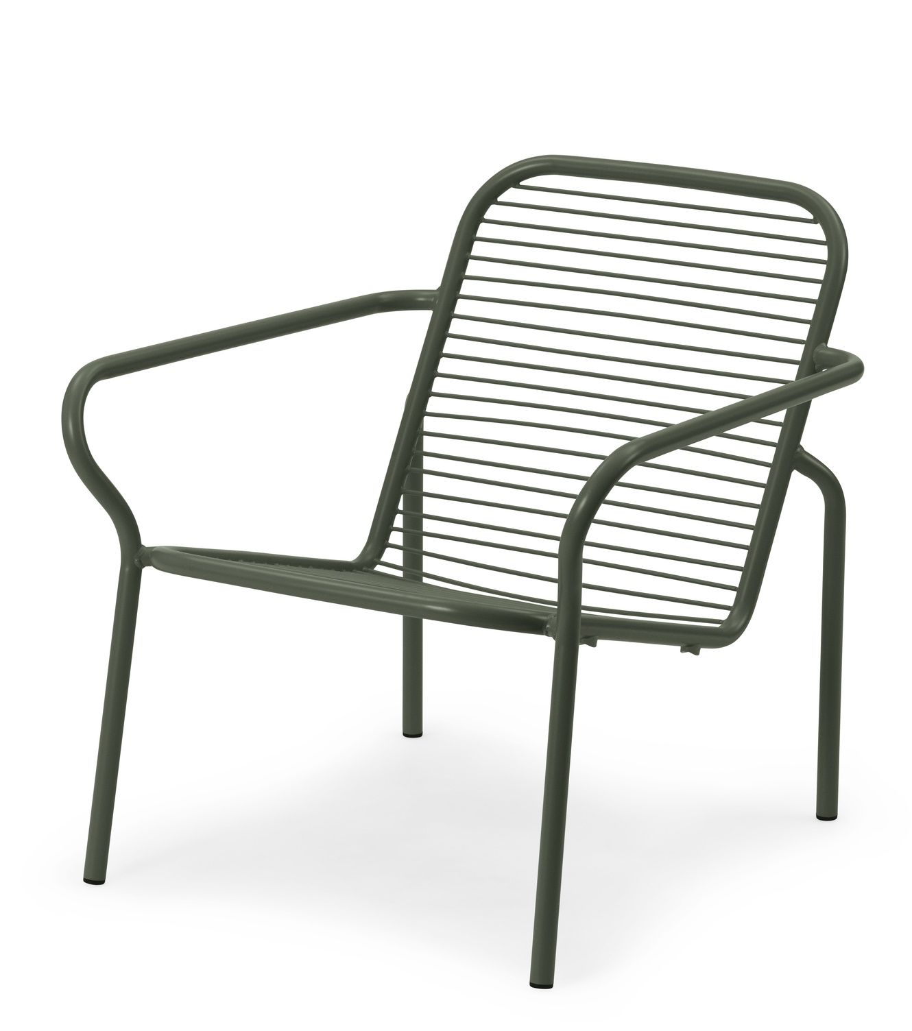 Normann Copenhagen Vig Lounge Chair Sessel für den Außenbereich, grünes Metallgestell mit horizontalen Streben.