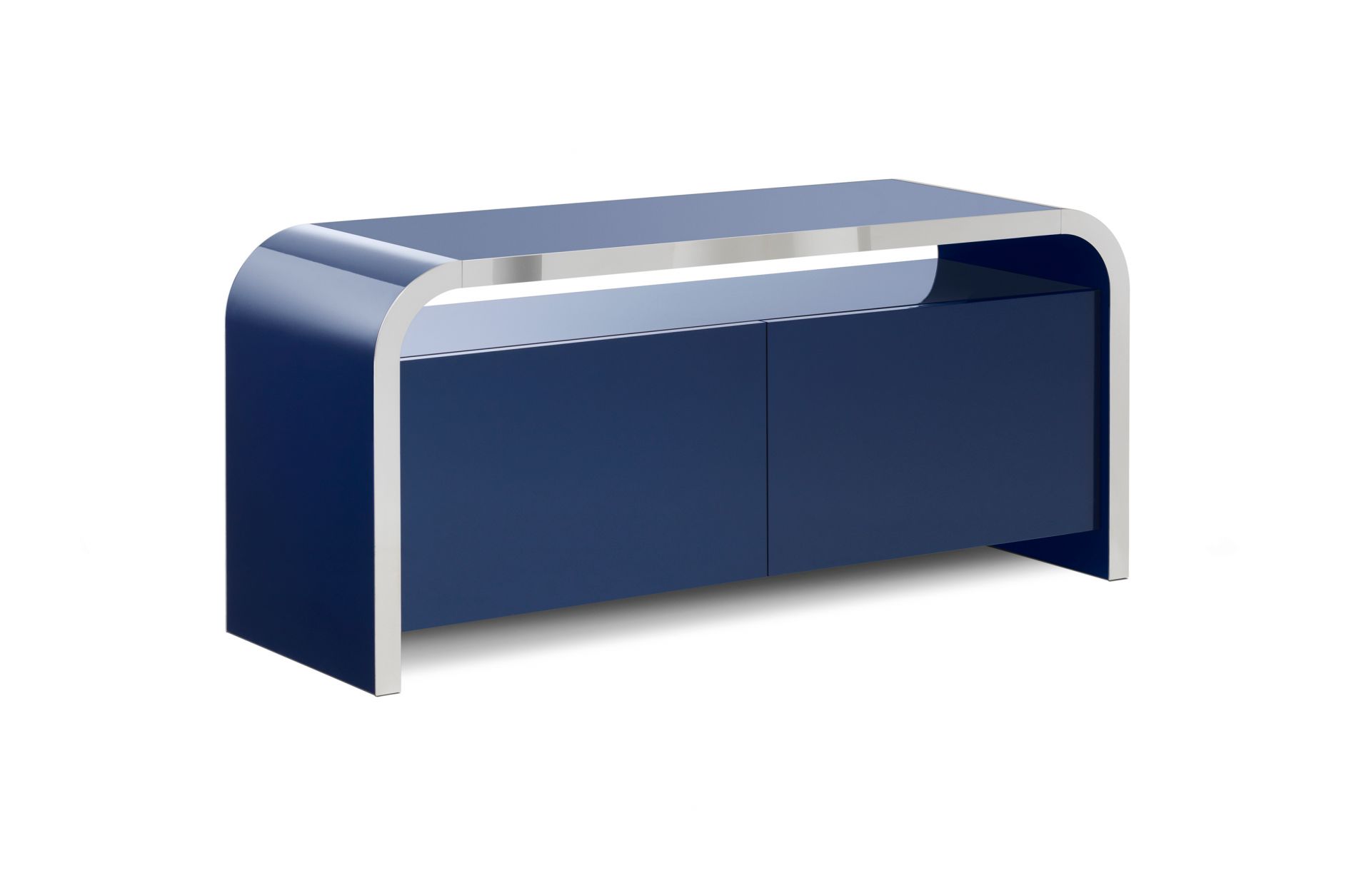 Blaues Highline Sideboard von Mueller Moebelfabrikation mit zwei Türen und Chromrahmen. Modernes Möbelstück.