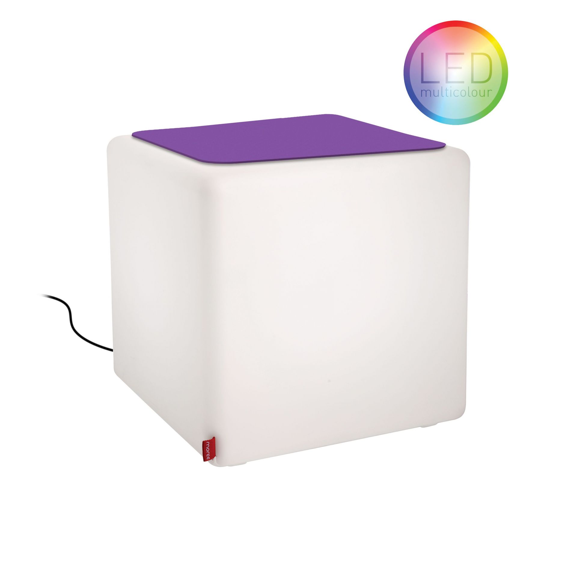 CUBE LED Hocker von Moree mit violetter Auflage, ideal als Beistelltisch für Outdoor.