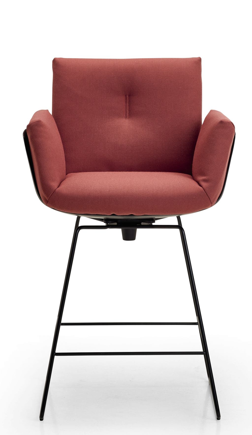 Alvo Barstuhl mit Armlehnen, drehbar, roter Stoffbezug und schwarzes Drahtgestell.