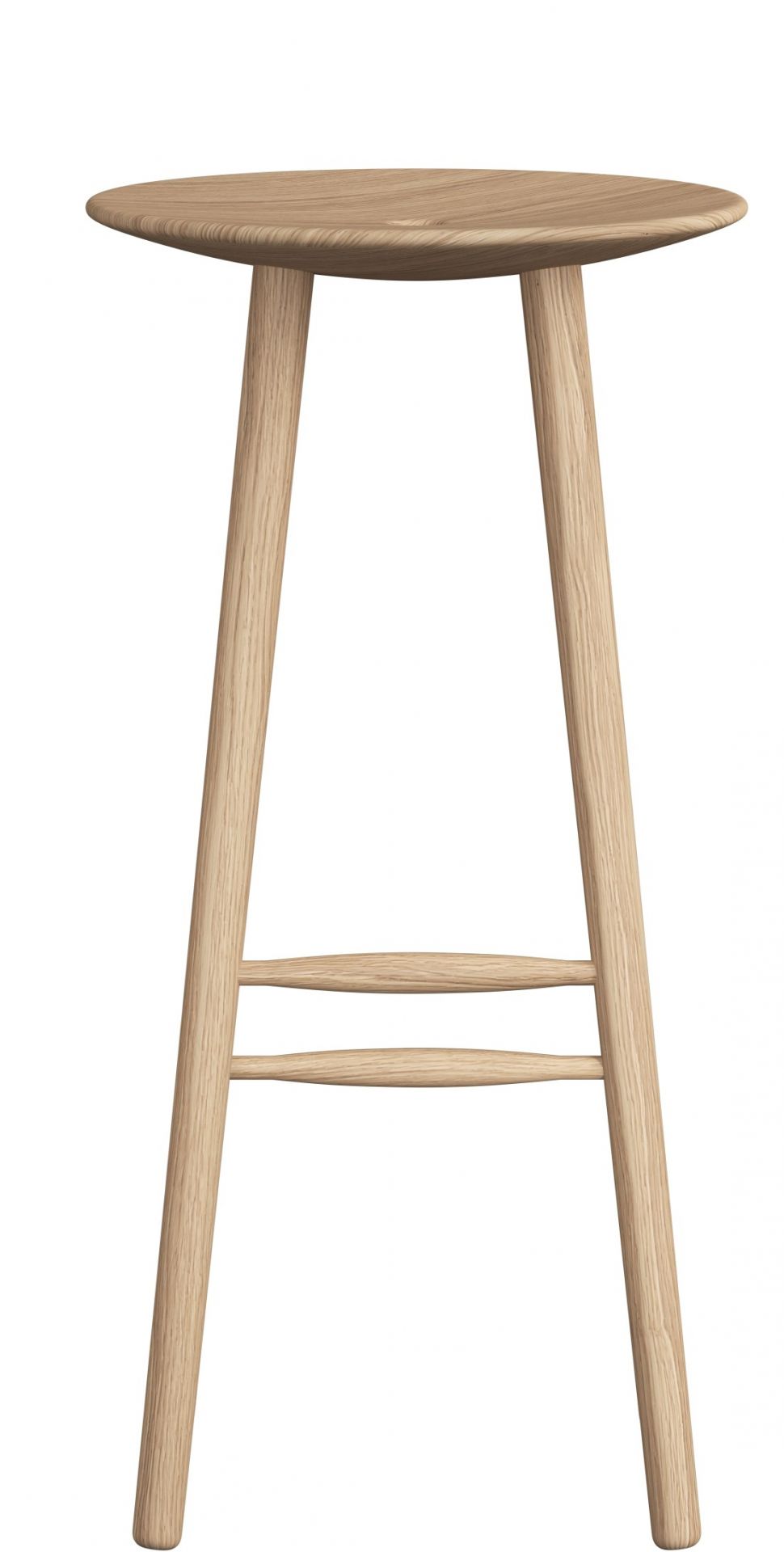 DI Volo Barhocker aus hellem Holz, H 75 cm, mit runder Sitzfläche und Fußstütze.