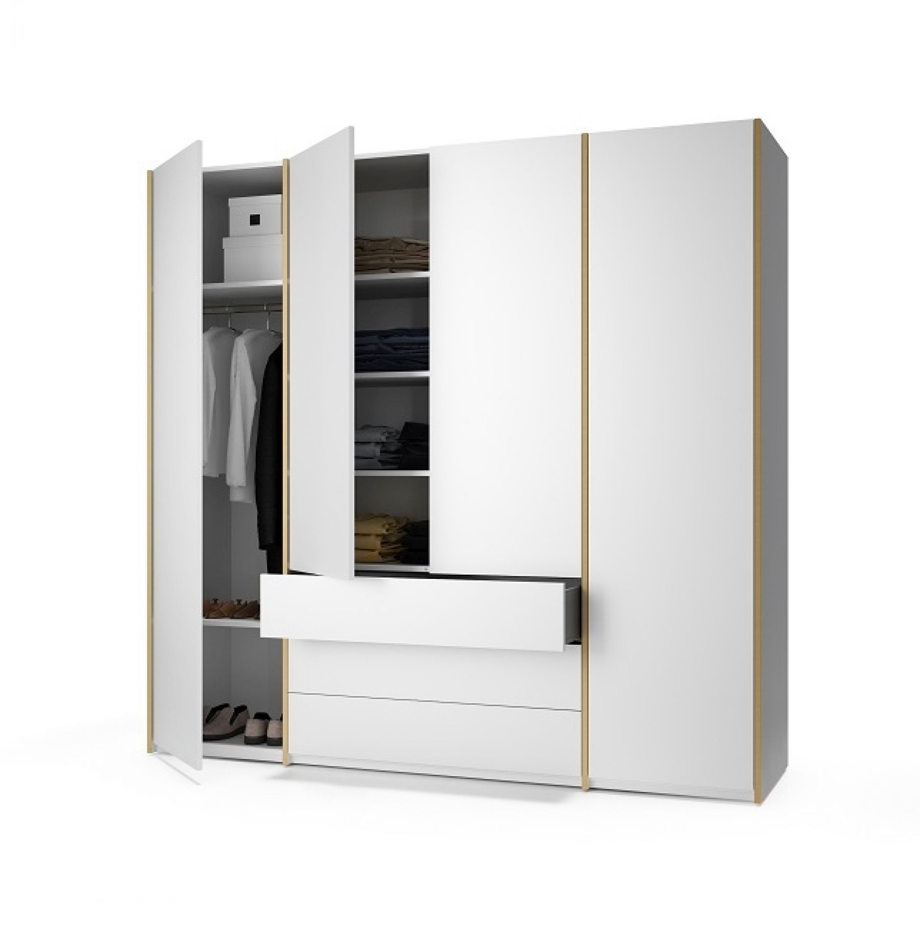 Weißer MODULAR PLUS Schrank von Müller Möbelwerkstätten mit offenen Türen und Schubladen.