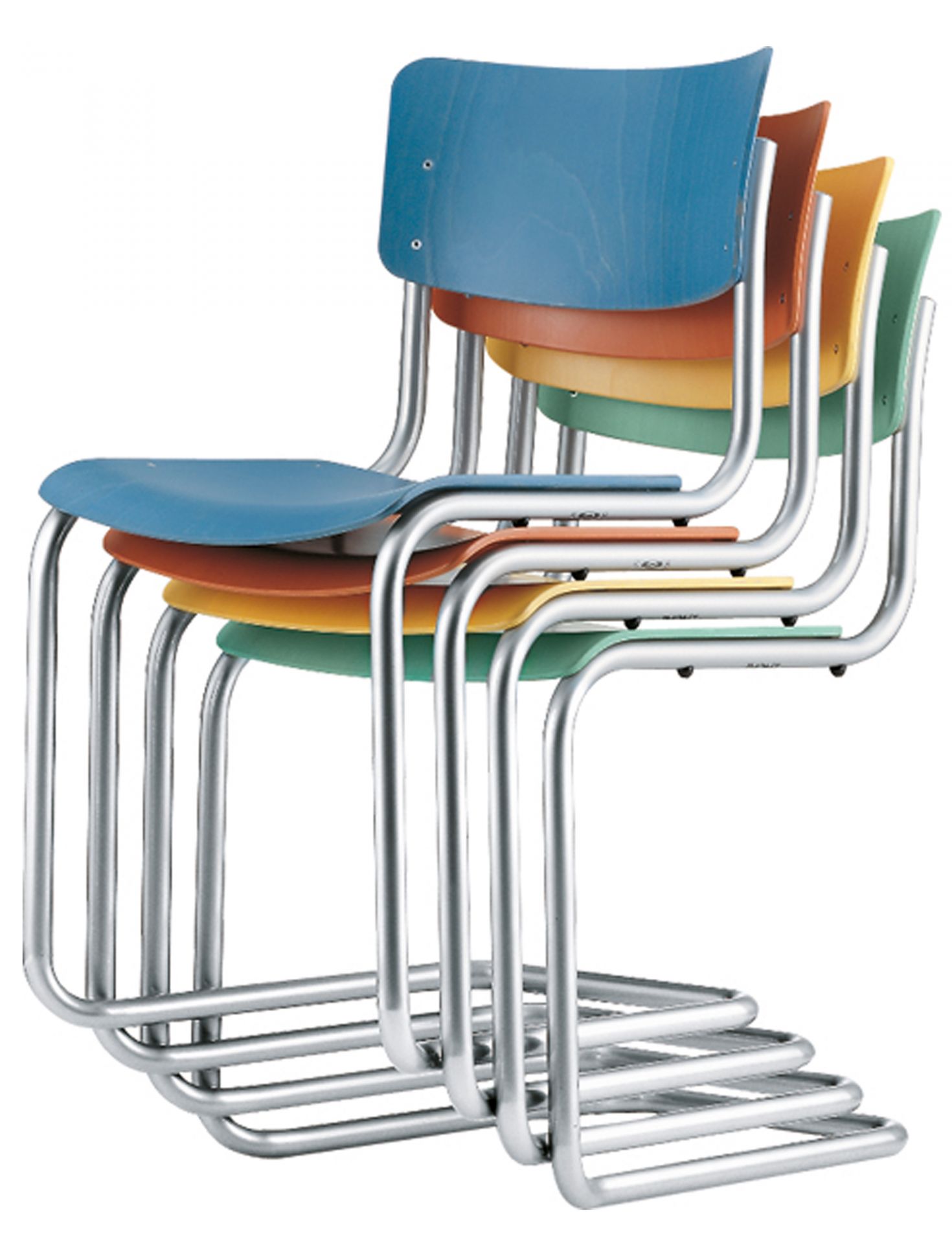 Gestapelte S 43 Freischwinger Stühle von Thonet mit Stahlrohrgestell und farbigen Holzsitzen. Klassisches Design.