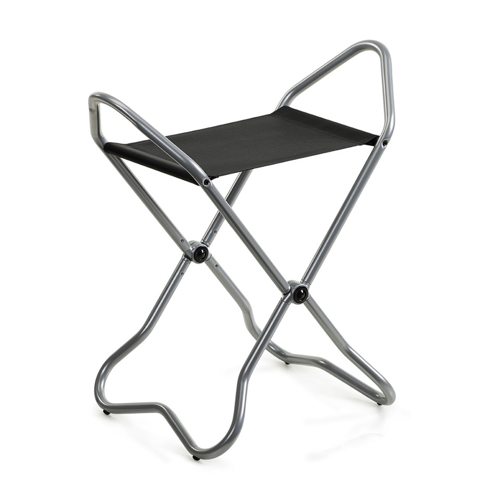 New York Museumshocker: Klappbarer, grauer Hocker mit schwarzer Sitzfläche, ideal für Museen und Veranstaltungen.