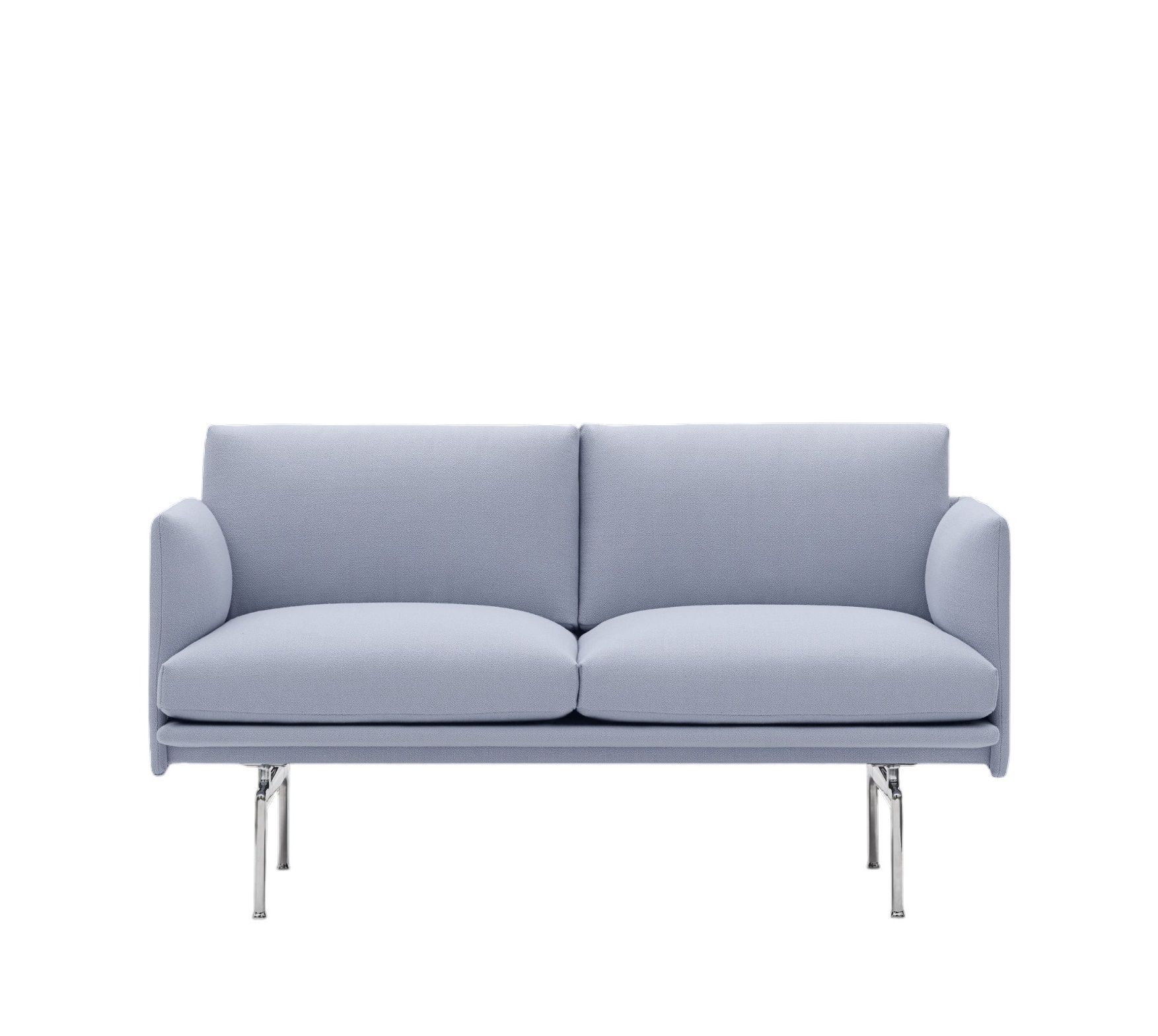 Muuto Outline Studio Sofa 140 cm: Hellblaues, modernes 2-Sitzer Sofa mit Chrombeinen. Minimalistisches Design.
