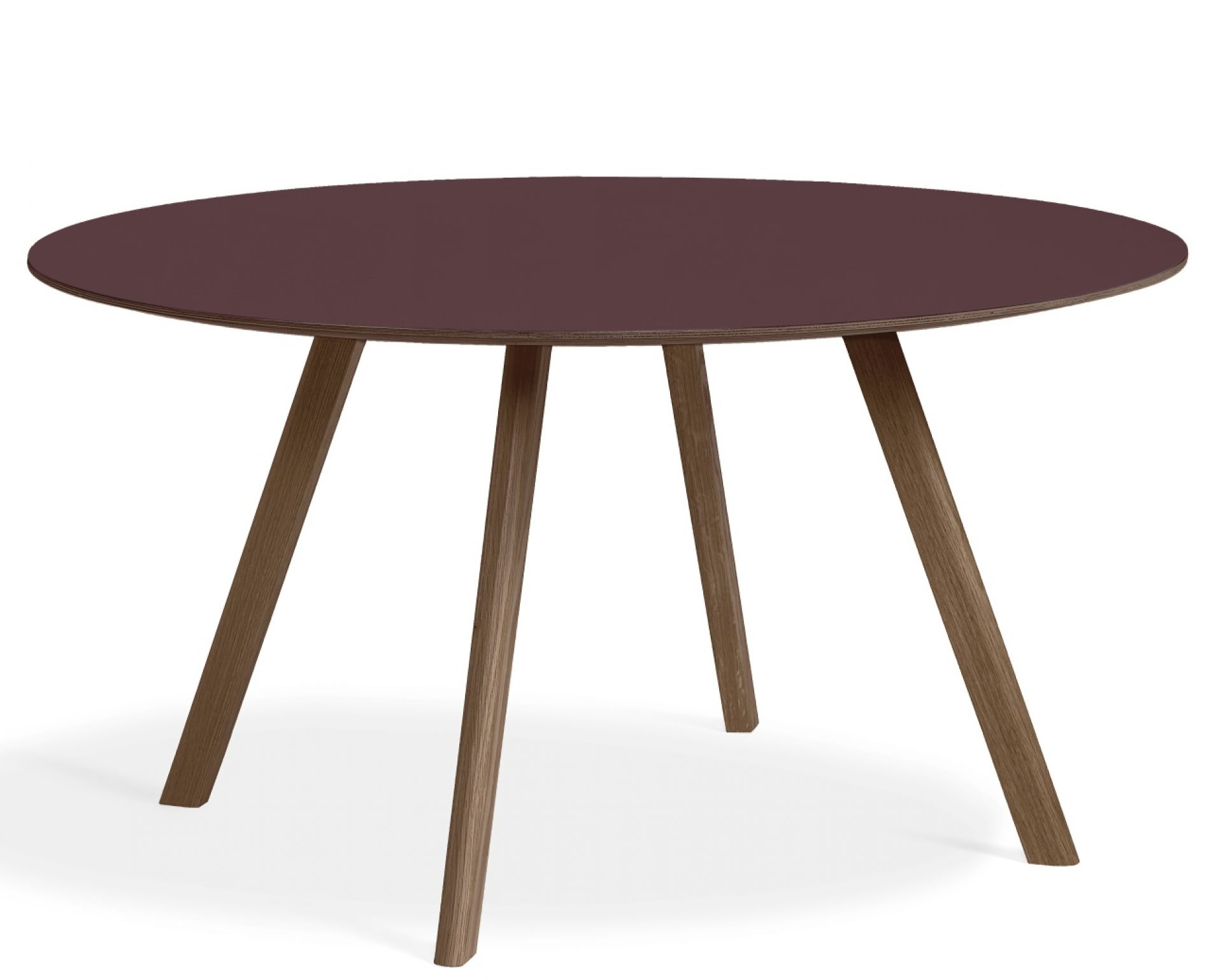 Hay Copenhague CPH 25 Tisch, runder Esstisch mit brauner Tischplatte und Holzbeinen.