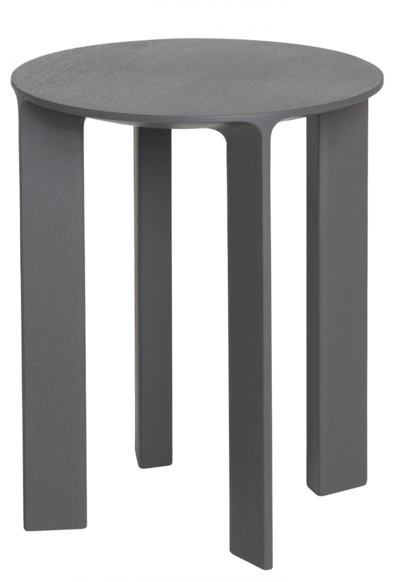 Grauer Schönbuch Hocker Hans aus Holz, runder Sitz und drei Beine.