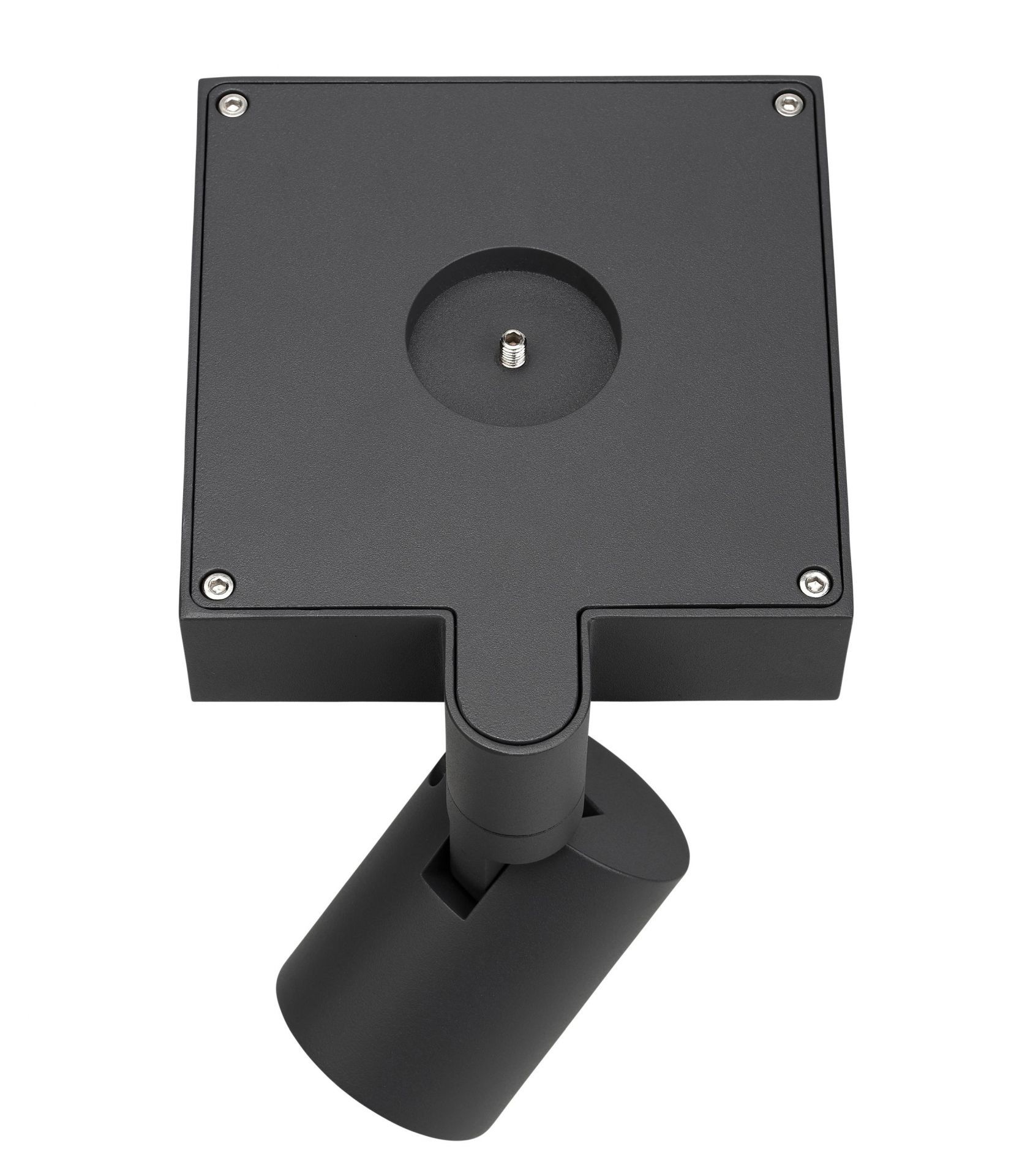 Spot.E Solar Gartenstrahler von Moree, Detailansicht der schwarzen Leuchte mit verstellbarem Strahlerkopf.