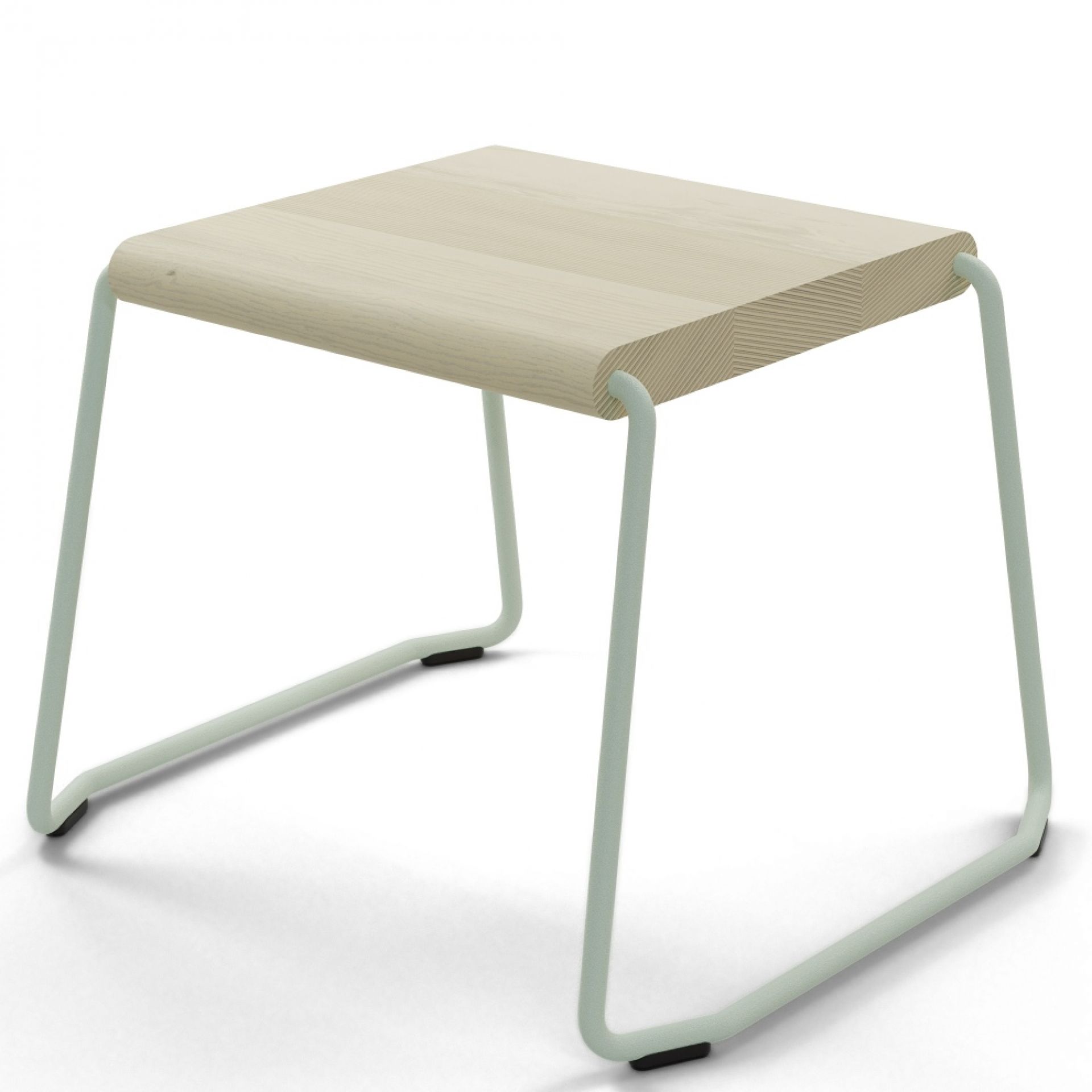 Weißer D:002 Beistelltisch von Fuchs & Habicht mit hellem Holz und mintfarbenem Metallgestell.