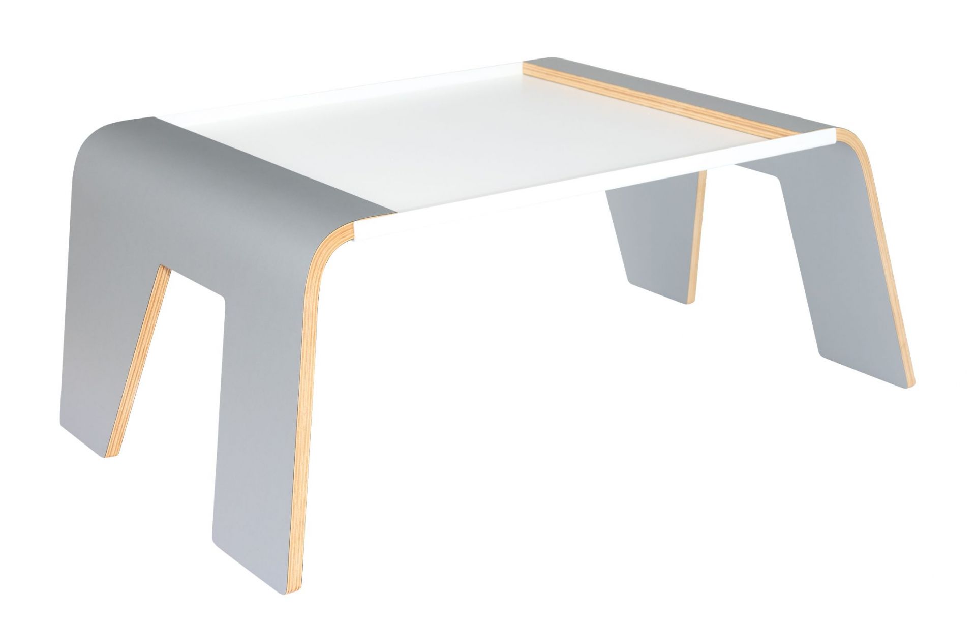 Tojo Notebook-Tablett: Graues, modernes Betttablett mit weißer Tischplatte für Laptop oder Frühstück.