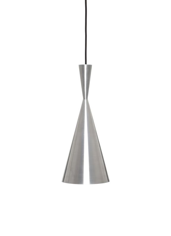 Unbeaten Tall Pendelleuchte von Tom Dixon aus gebürstetem Aluminium mit schwarzem Kabel.