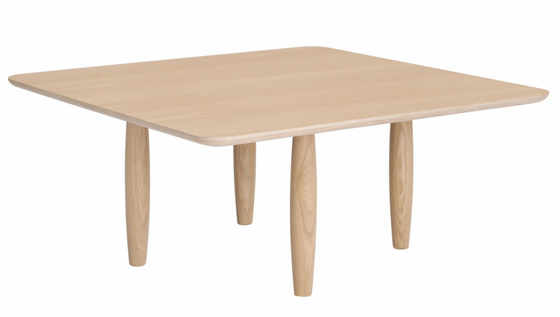 Oku Couchtisch von Norr11 aus Eiche: Quadratischer, heller Holztisch mit abgerundeten Ecken und Beinen.