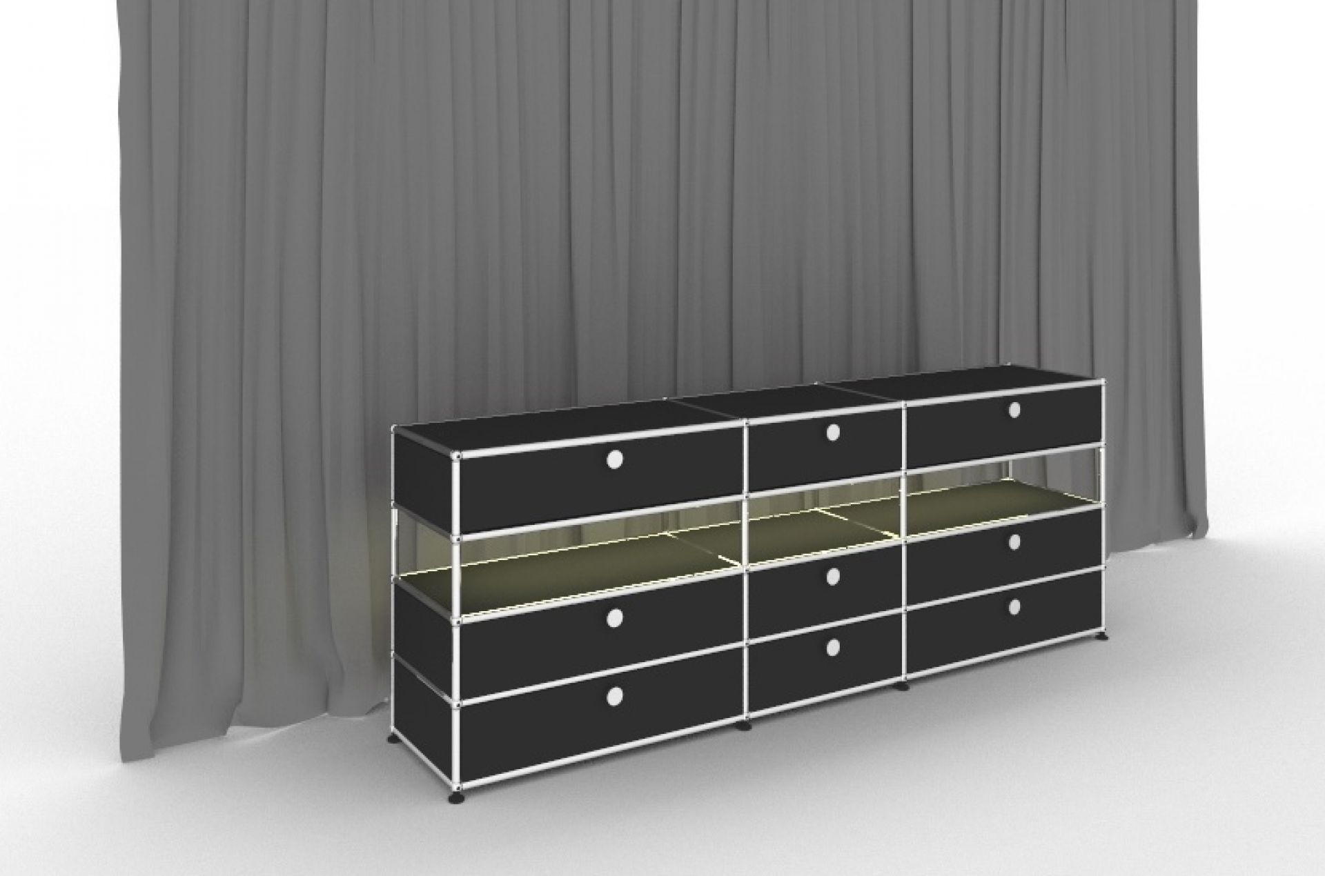Schwarzes USM Haller Sideboard mit Beleuchtung und neun Schubladen vor grauem Vorhang.