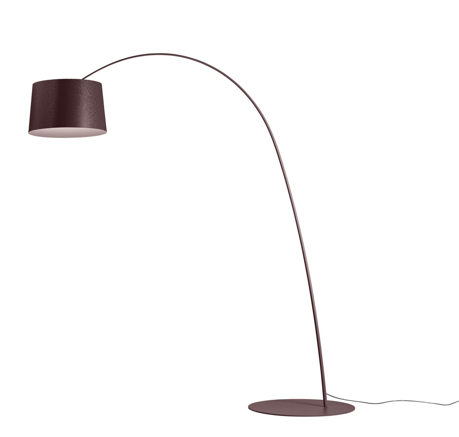 Twiggy Stehleuchte von Foscarini in Bordeauxrot: Moderne Bogenleuchte mit zylindrischem Lampenschirm für Wohnzimmer und Büro.