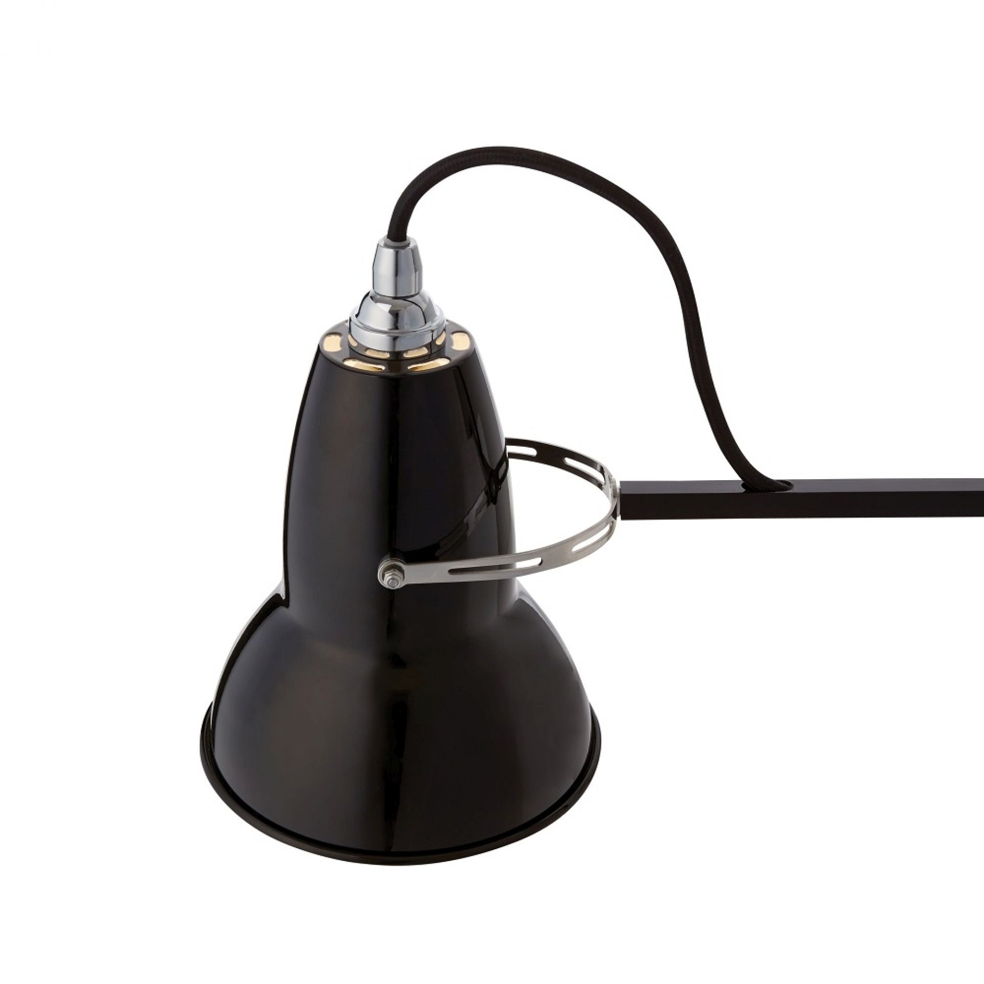 Schwarze Anglepoise Original 1227 Tischleuchte: Detailaufnahme des Lampenschirms und des flexiblen Arms. Designklassiker für Büro und Zuhause.
