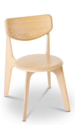 Slab Side Chair von Tom Dixon: Helle Holzstuhl mit runder Sitzfläche und Rückenlehne.