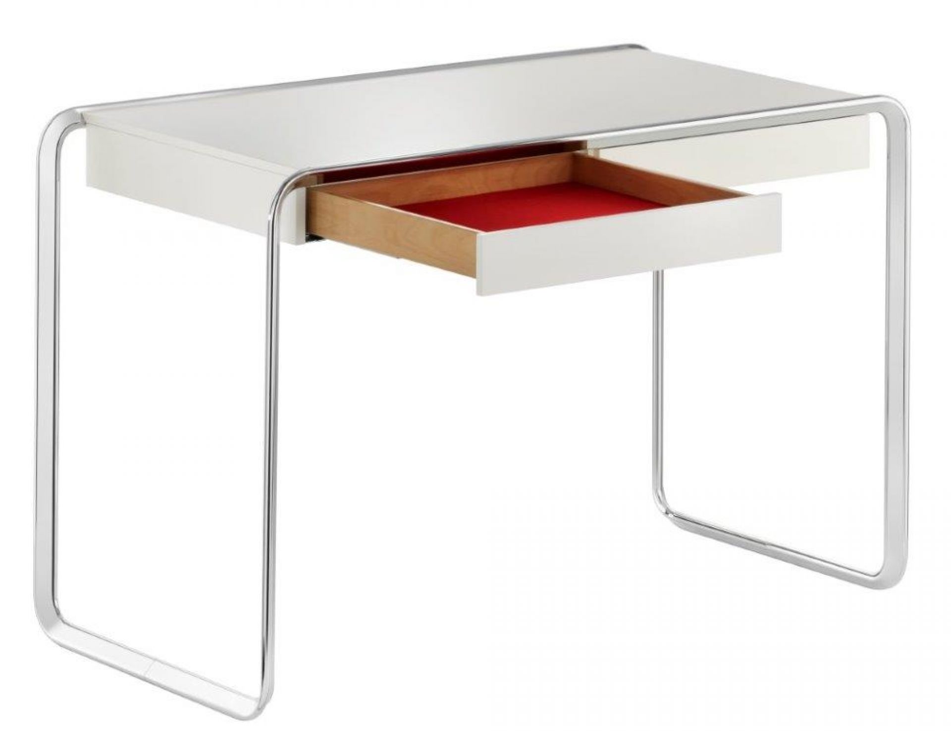 K2D Oblique Schreibtisch von Tecta, weiß mit Chromgestell und offener Schublade mit rotem Innenleben.